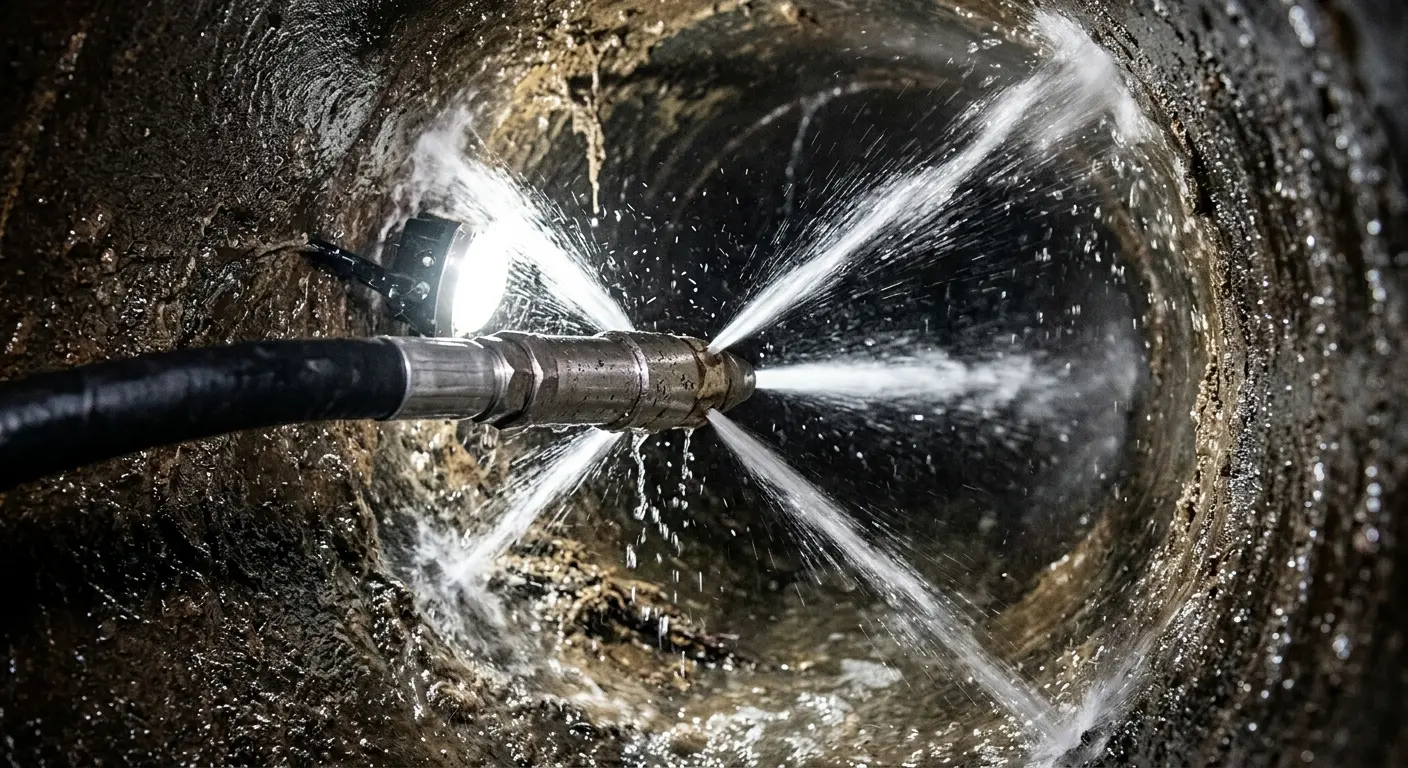 High-pressure hydro jetting nozzle cleaning sewer pipe for Trenchless Sewer Repair in Timberwood Park