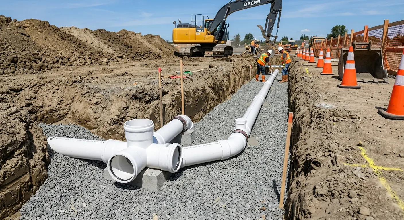 New PVC sewer pipe installation in open trench for Sewer Backup in Timberwood Park